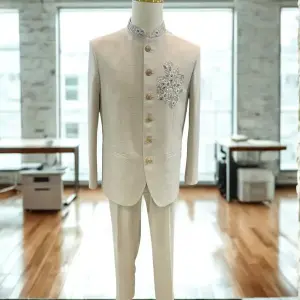 Men’s Premium Beige Nehru Jacket – Slim Fit with Zardozi Work with Pant